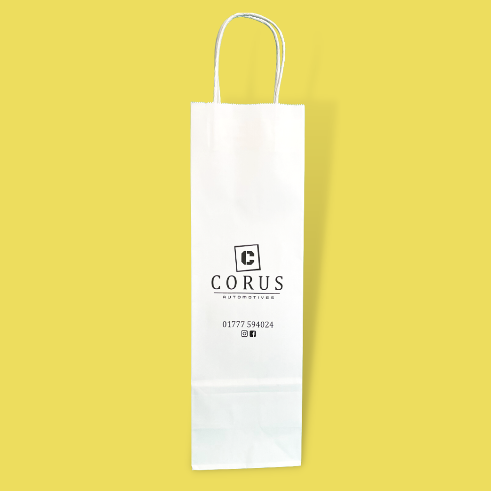 Custom Full Colour Printed White Twist Handle Paper Carrier Bags - 110mm x 85mm x 360mm