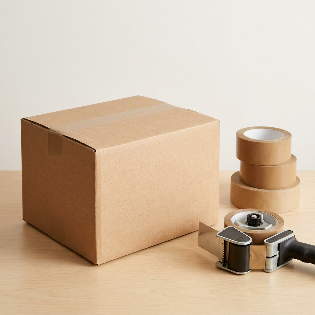 Plain kraft cardboard box with rolls of brown parcel tape, paper kraft tape and a tape dispenser gun on a light wood surface