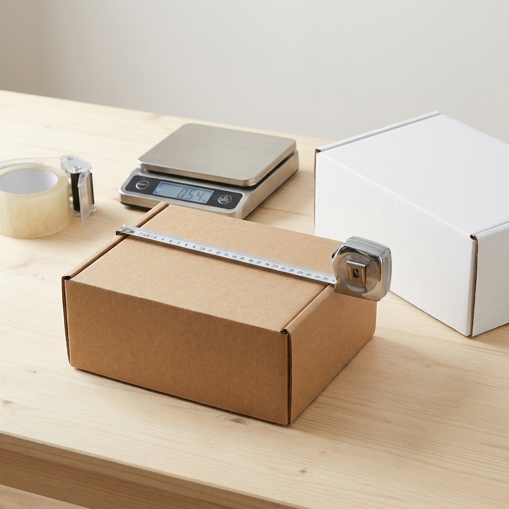 A plain brown kraft cardboard postal box and a plain white postal box on a light wood packing bench with a tape measure extended across the brown box and a parcel weighing scale behind