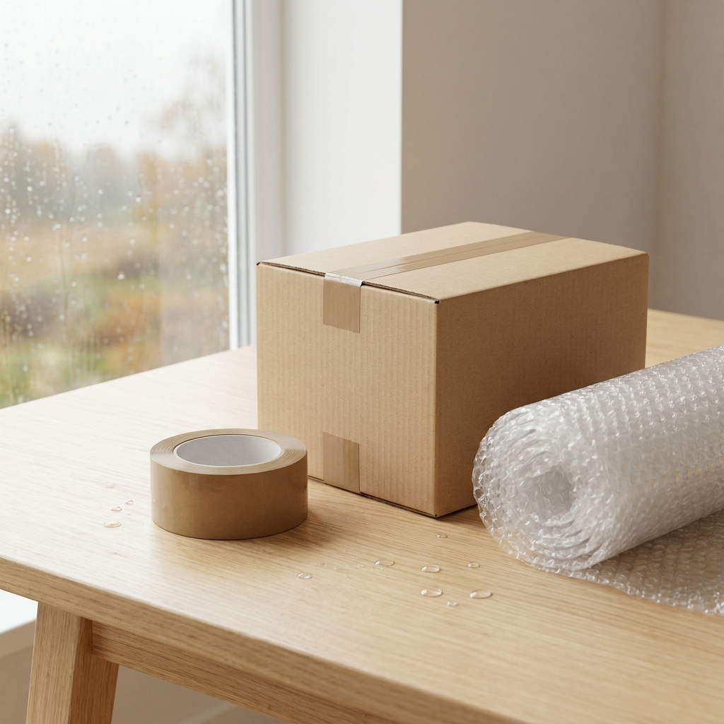 Plain brown kraft postal box sealed with brown parcel tape, next to a tape roll and bubble wrap on a light wood surface with water droplets