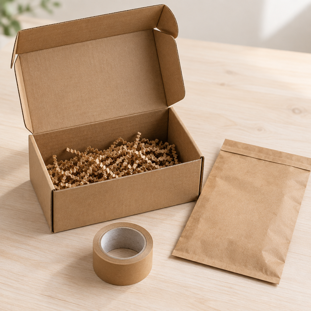An open plain brown kraft e-commerce postal box with shredded paper void fill, next to a brown paper mailing bag and a roll of kraft packing tape on a light wood surface