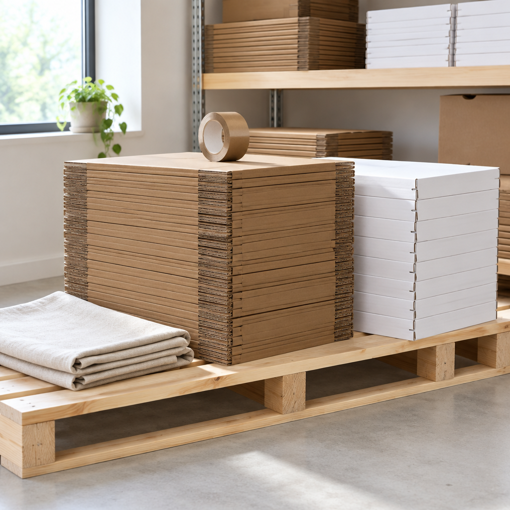 Neat stacks of plain flat-packed kraft and white cardboard boxes stored on a raised wooden pallet in a dry, bright stockroom