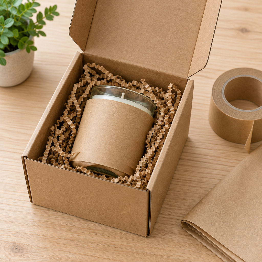 Plain kraft cardboard postal box holding a paper-wrapped candle jar packed in crinkle cut paper void fill, with a roll of kraft tape beside it