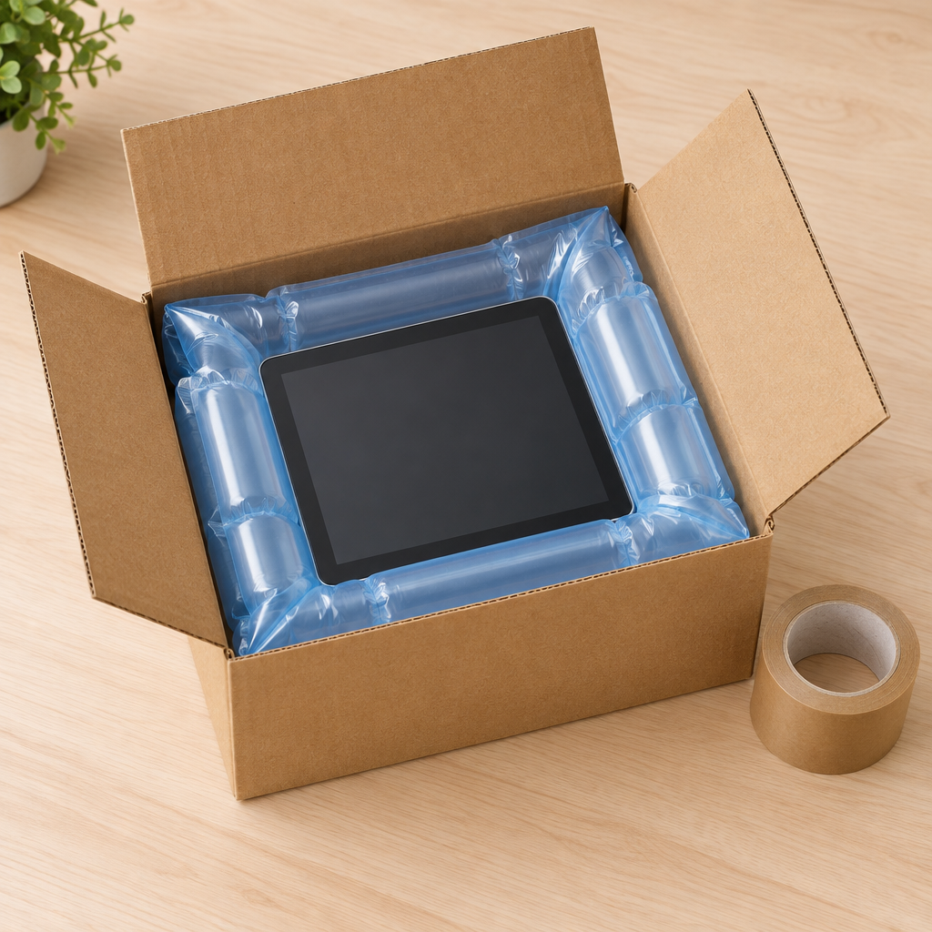 Plain kraft cardboard postal box with an inflatable air cushion pack protecting a small electronic device, next to a roll of brown packing tape