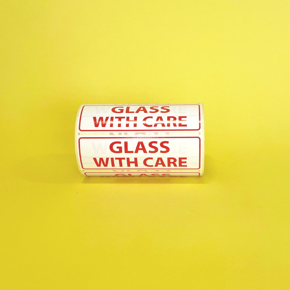 White & Red Glass With Care Warning Labels - 152mm x 50mm - Pack Of 1