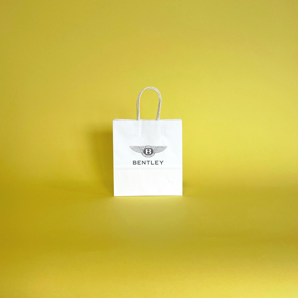 Custom Full Colour Printed White Twist Handle Paper Carrier Bags - 190mm x 80mm x 210mm