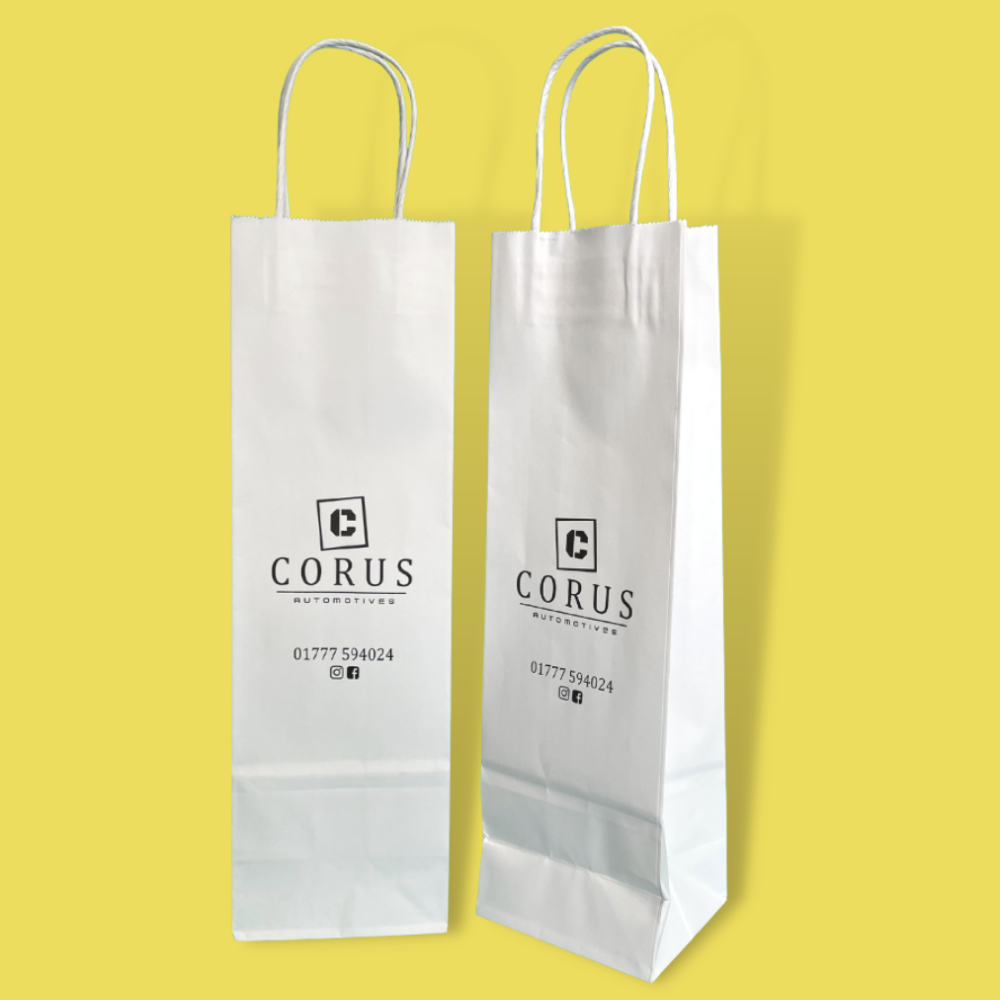 Custom Full Colour Printed White Twist Handle Paper Carrier Bags - 110mm x 85mm x 360mm