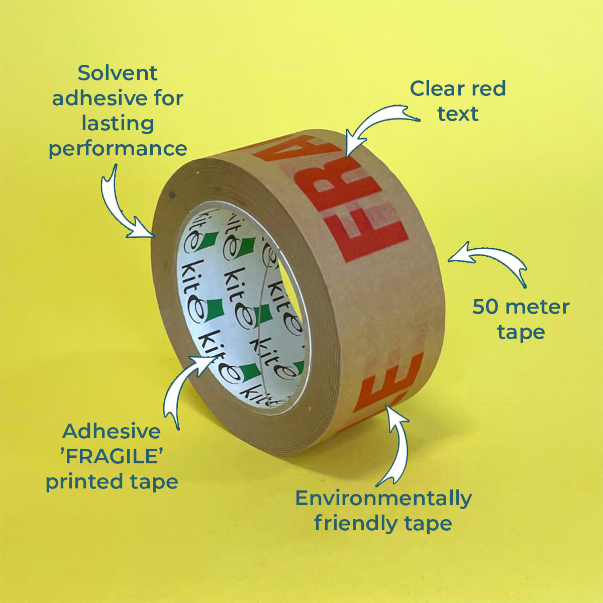 Rolls Of Paper Kraft "Fragile" Packaging Warning Tape - 50mm x 50m