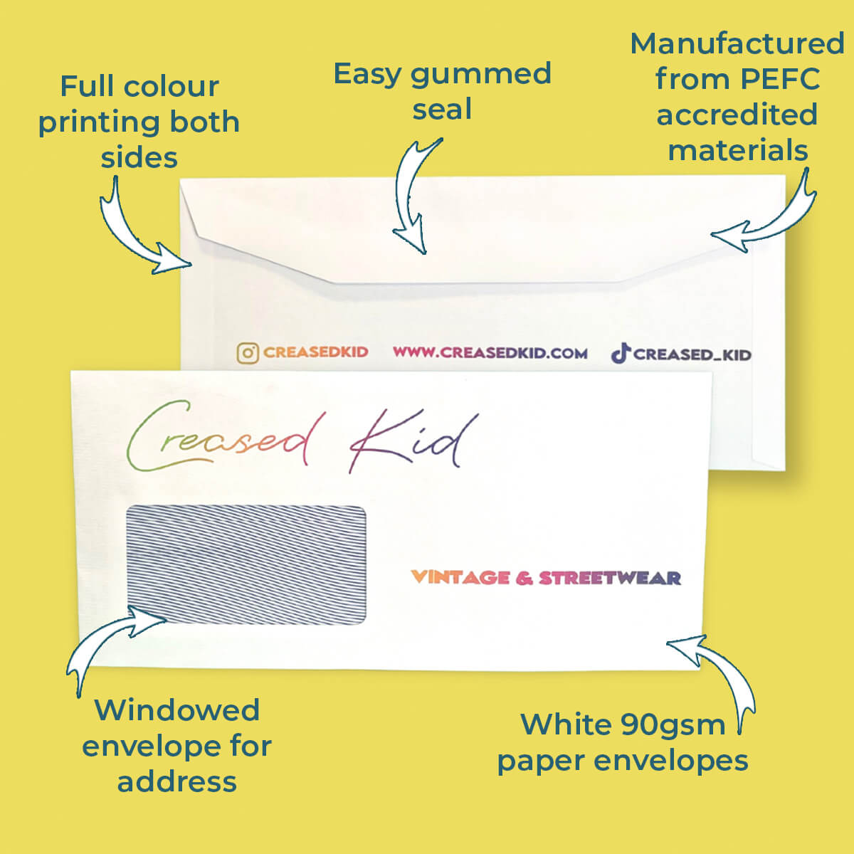 Custom Full Colour Printed Gummed DL Windowed Envelopes - 114mm x 235mm