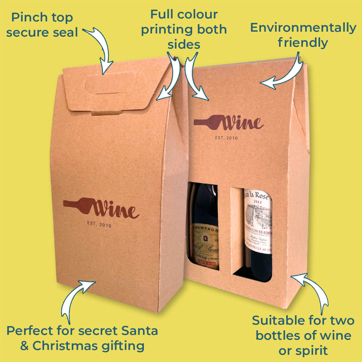 Custom Full Colour Printed Double Bottle Brown Pinch Top Box - 182mm x 91mm x 323mm