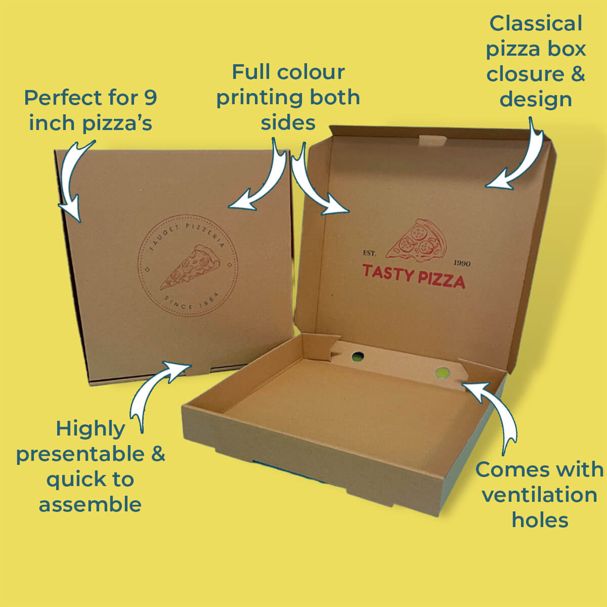 Custom Full Colour Printed Brown 9 Inch Pizza Boxes - 229mm x 229mm x 38mm