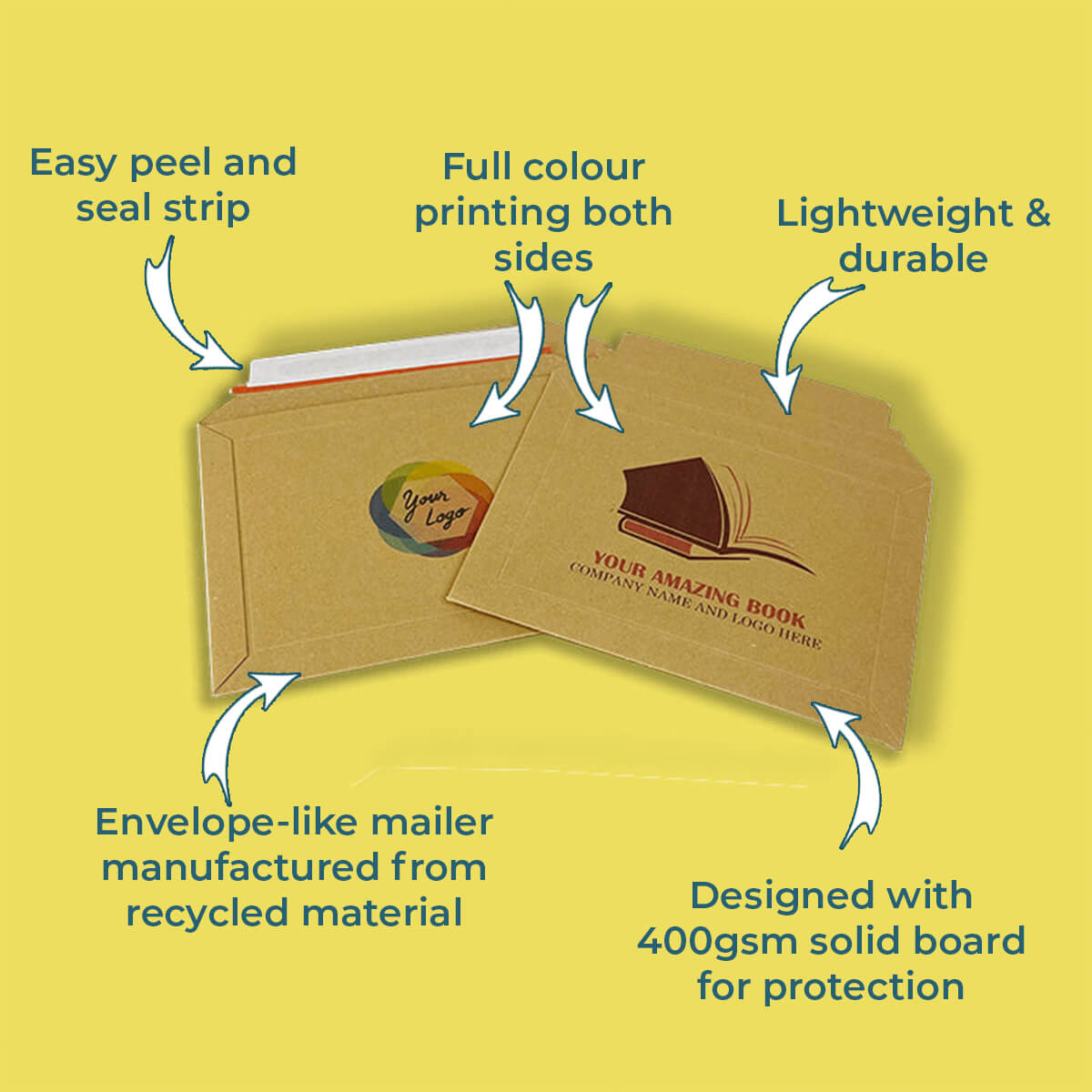 Custom Full Colour Printed Capacity Book Mailers - Gusseted Solid Board - 278mm x 400mm