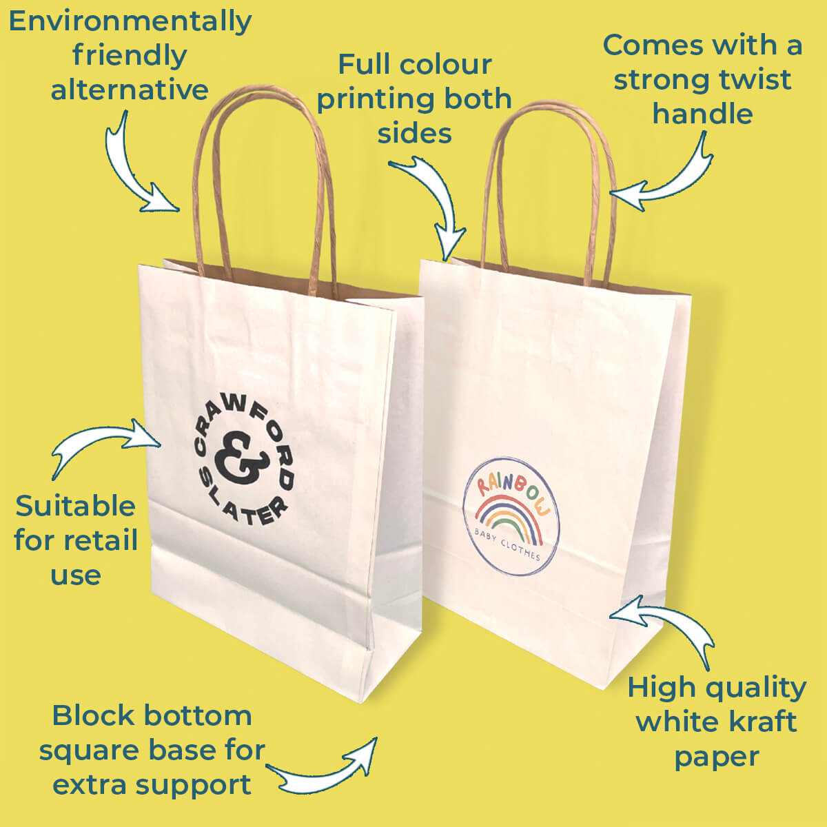 Custom Full Colour Printed Premium White Twist Handle Paper Carrier Bags - 220mm x 100mm x 330mm