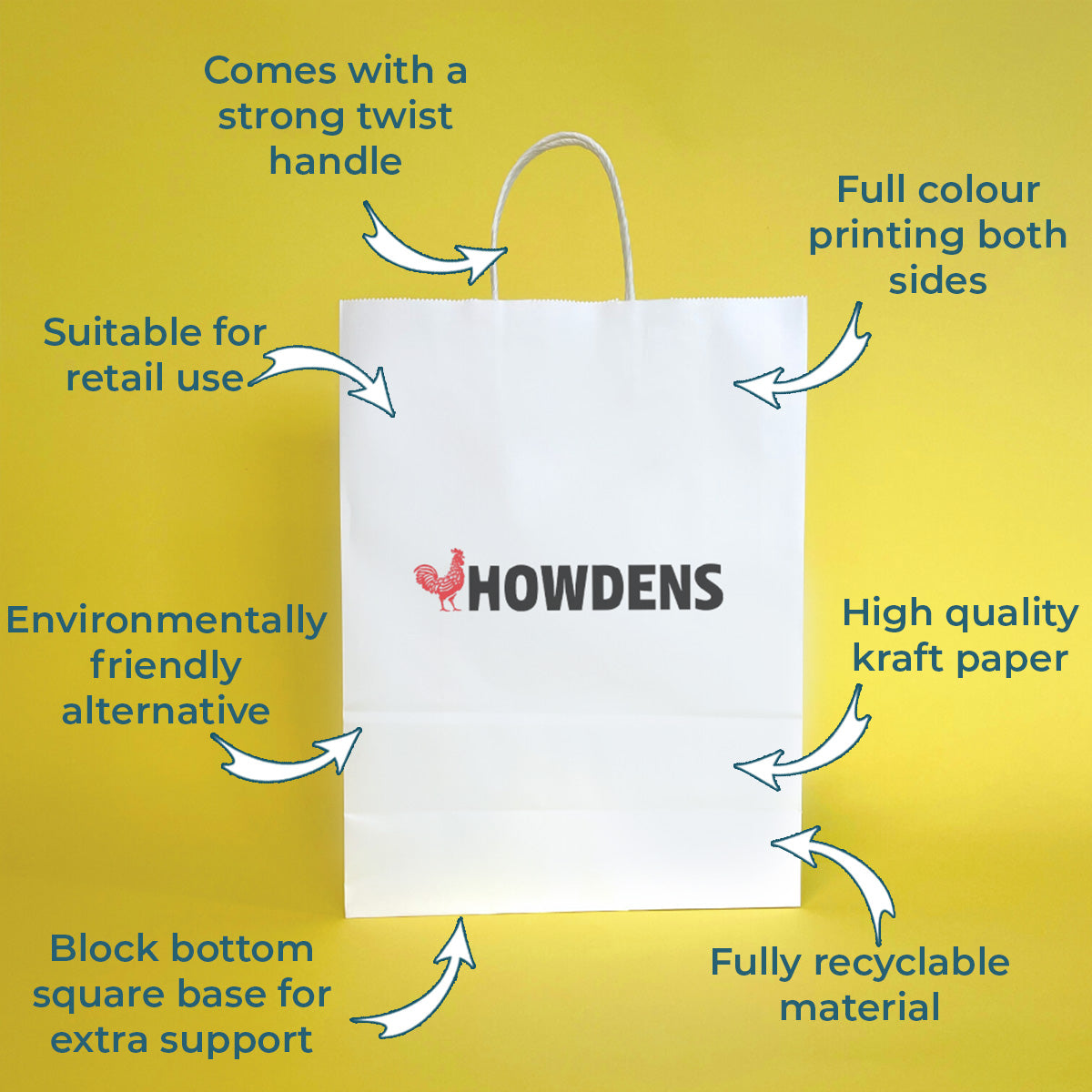 Custom Full Colour Printed White Twist Handle Paper Carrier Bags - 190mm x 80mm x 210mm