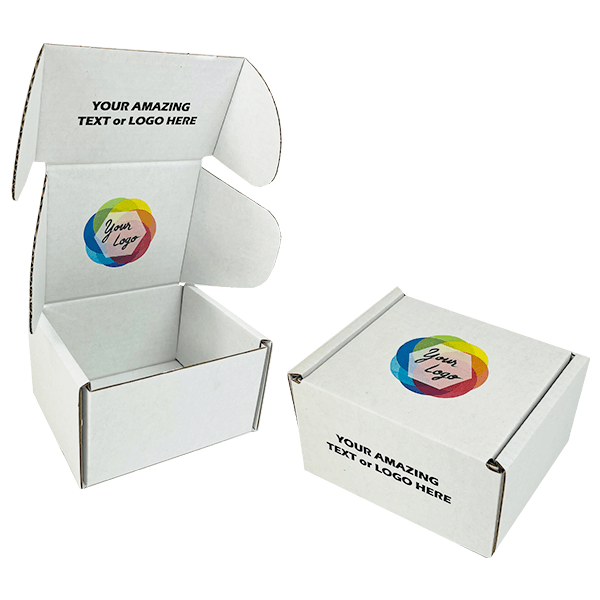 Custom Full Colour Printed White PiP Small Parcel Postal Box - 102mm x 102mm x 102mm